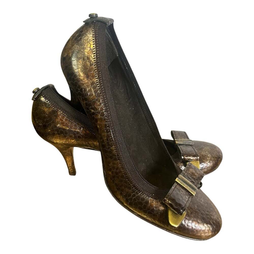 Vintage Stuart Weitzman Bwana Metallic Leather Bow Pumps Sz 6.5N Python Bronze